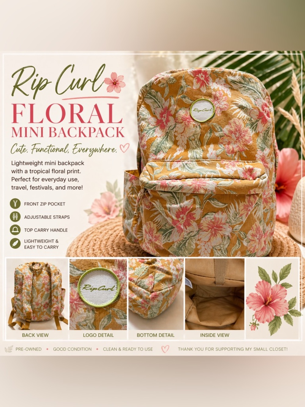 Rip Curl Floral Mini Backpack Mustard Tropical Canvas Small Travel Bag